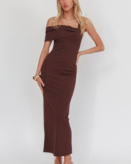 Chocolate Asymmetric Shoulder Maxi Dress