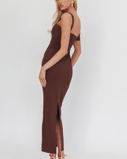 Chocolate Asymmetric Shoulder Maxi Dress