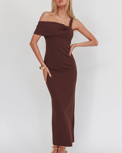 Chocolate Asymmetric Shoulder Maxi Dress