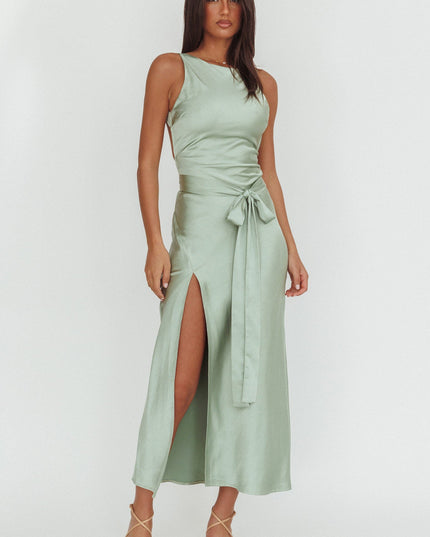 Sage Backless Waist Tie Maxi Dress
