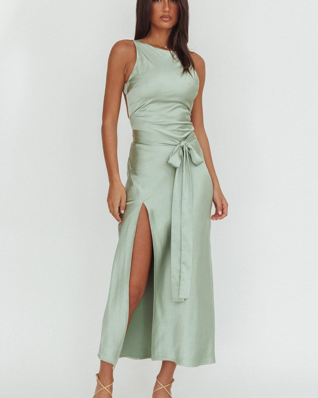 Sage Backless Waist Tie Maxi Dress