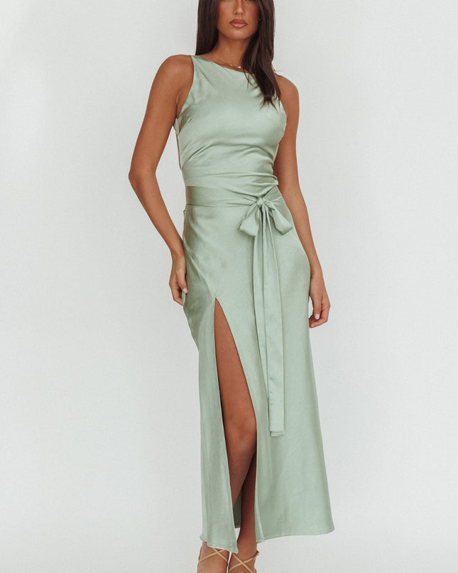 Sage Backless Waist Tie Maxi Dress