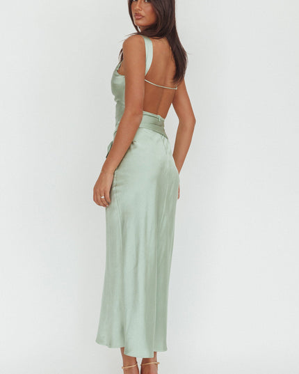 Sage Backless Waist Tie Maxi Dress