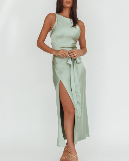 Sage Backless Waist Tie Maxi Dress