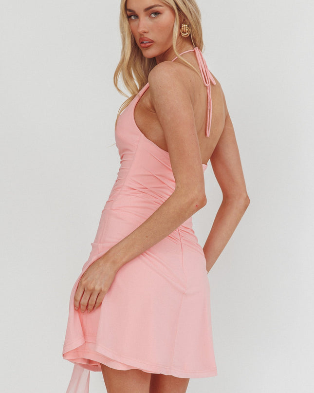 Pink Ruffle Trim Halter Neckline Mini Dress