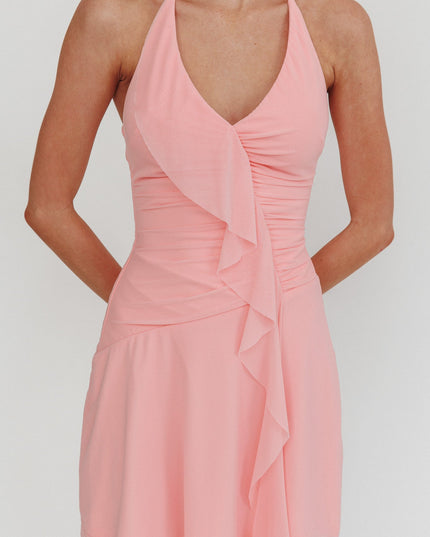 Pink Ruffle Trim Halter Neckline Mini Dress