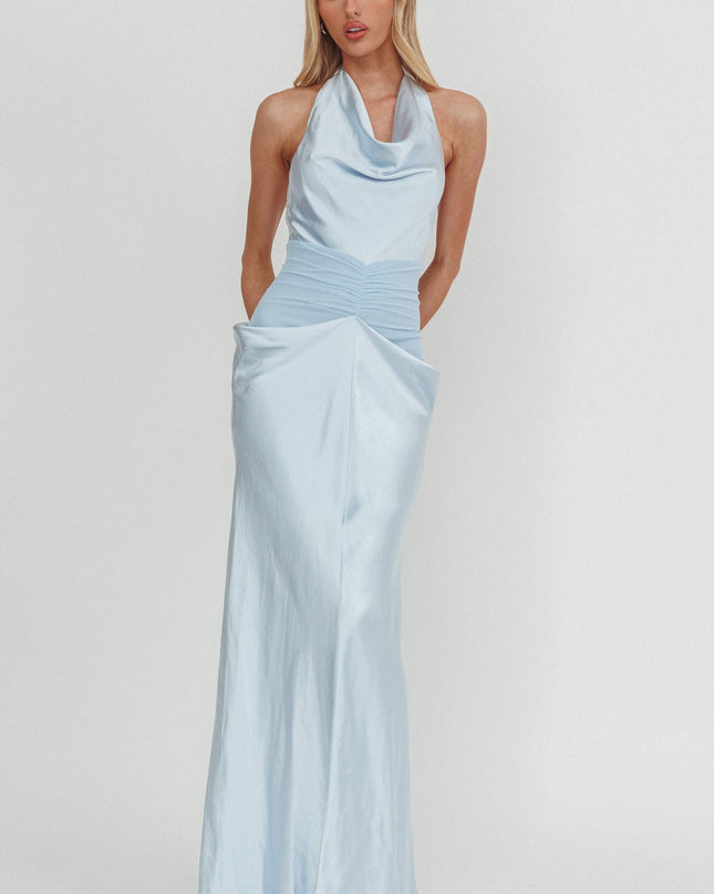 Ice Blue Cowl Neck Ruched Waist Maxi Dress