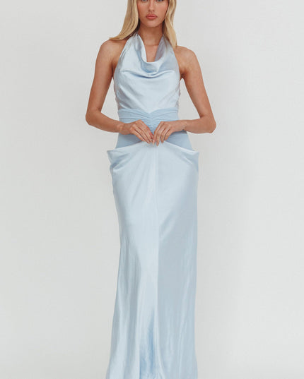 Ice Blue Cowl Neck Ruched Waist Maxi Dress