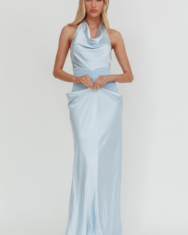 Ice Blue Cowl Neck Ruched Waist Maxi Dress