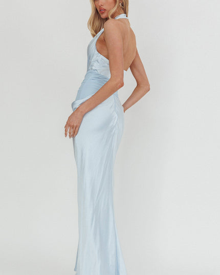Ice Blue Cowl Neck Ruched Waist Maxi Dress