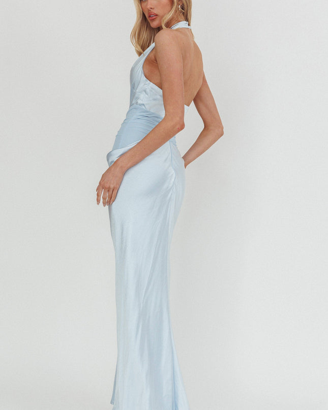 Ice Blue Cowl Neck Ruched Waist Maxi Dress