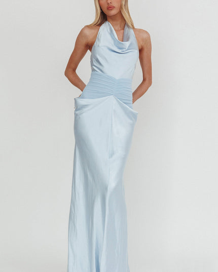 Ice Blue Cowl Neck Ruched Waist Maxi Dress