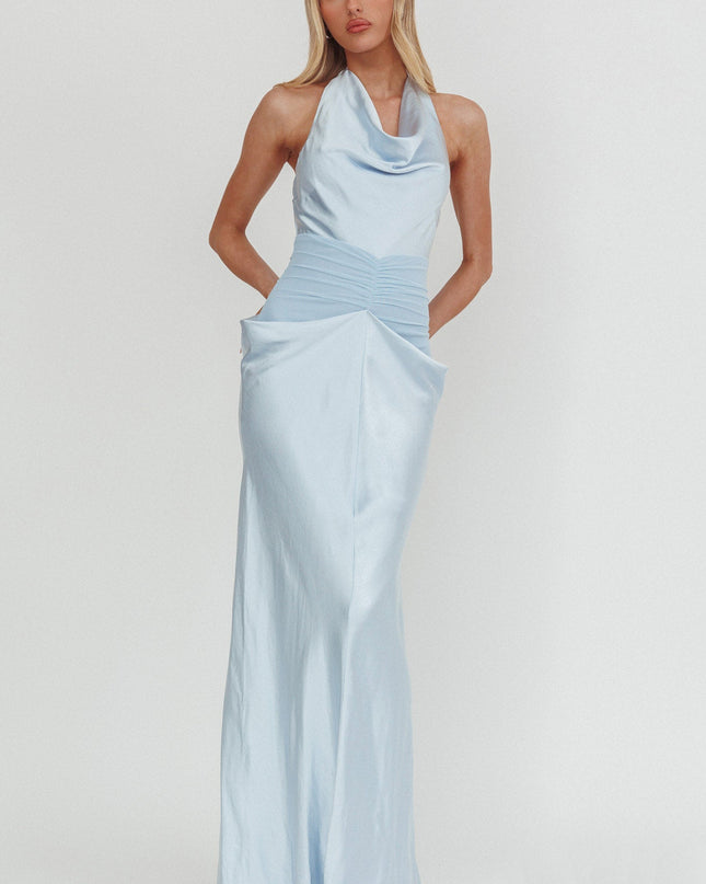 Ice Blue Cowl Neck Ruched Waist Maxi Dress