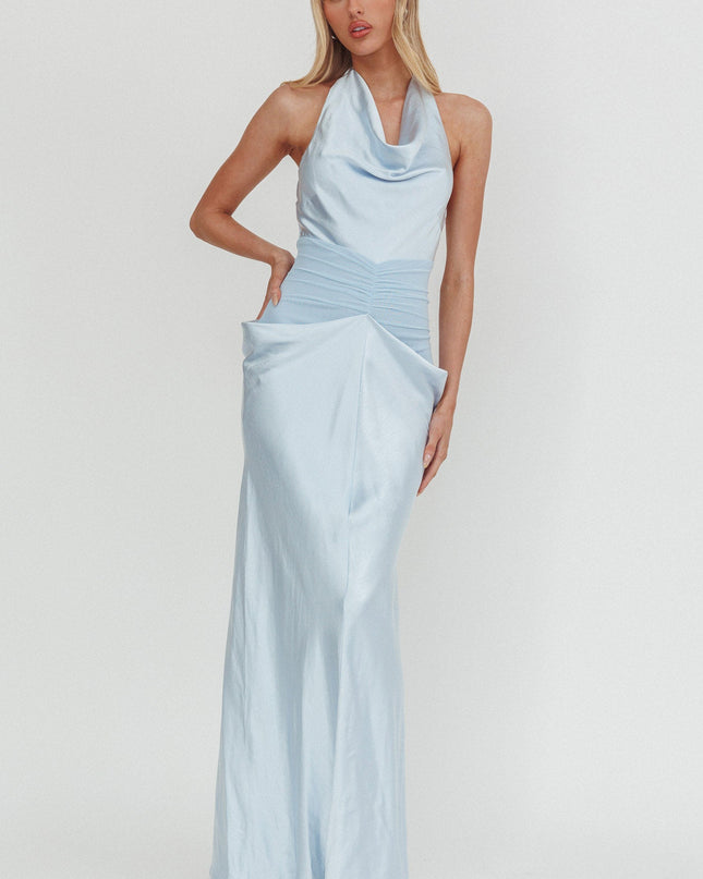 Ice Blue Cowl Neck Ruched Waist Maxi Dress