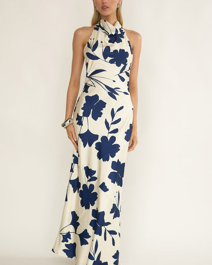 Beige Cowl Halterneck Maxi Dress Floral