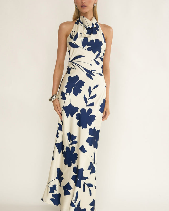 Beige Cowl Halterneck Maxi Dress Floral