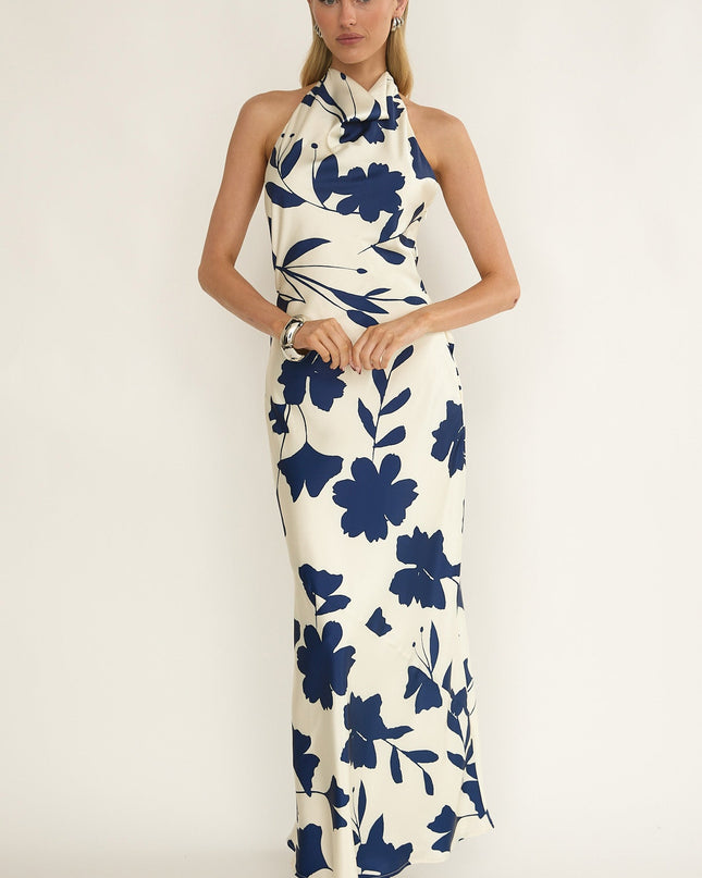 Beige Cowl Halterneck Maxi Dress Floral