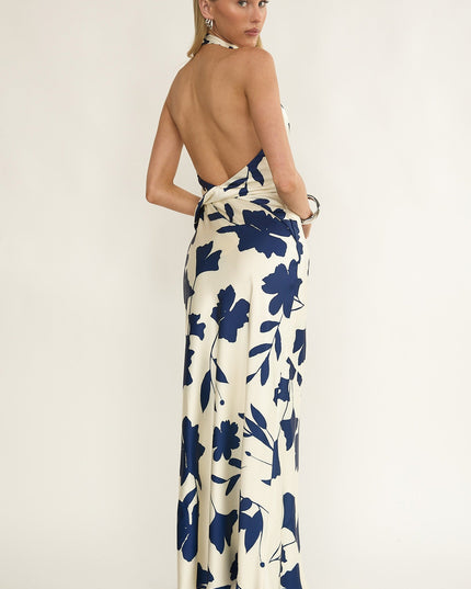 Beige Cowl Halterneck Maxi Dress Floral