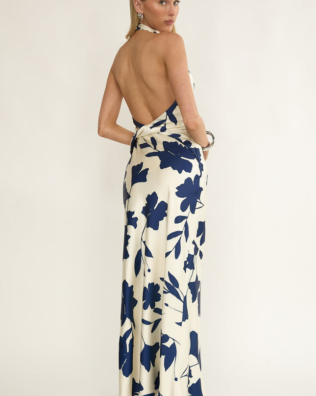 Beige Cowl Halterneck Maxi Dress Floral