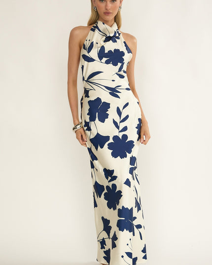 Beige Cowl Halterneck Maxi Dress Floral