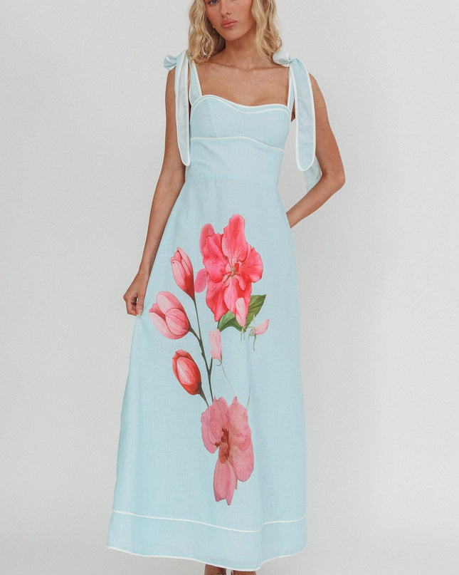 Mint Tied Shoulder Maxi Dress Flower