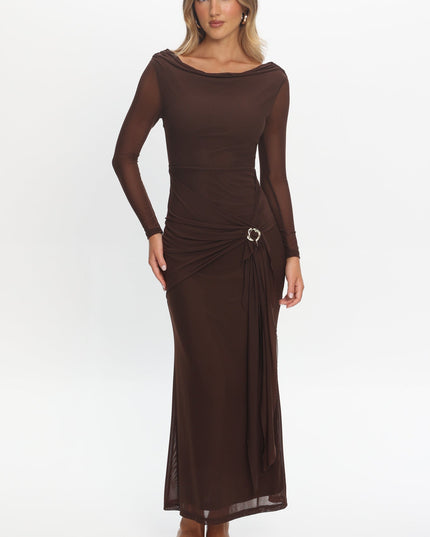 Chocolate Cowl Neck Waist Sash Maxi Dress