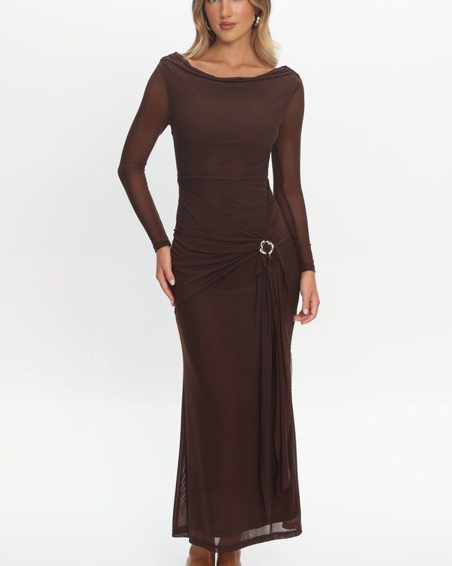 Chocolate Cowl Neck Waist Sash Maxi Dress