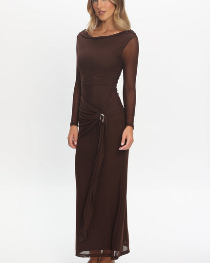 Chocolate Cowl Neck Waist Sash Maxi Dress