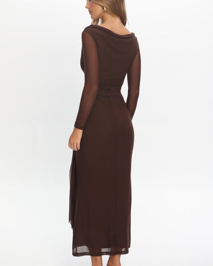 Chocolate Cowl Neck Waist Sash Maxi Dress