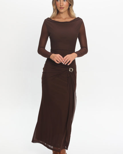 Chocolate Cowl Neck Waist Sash Maxi Dress
