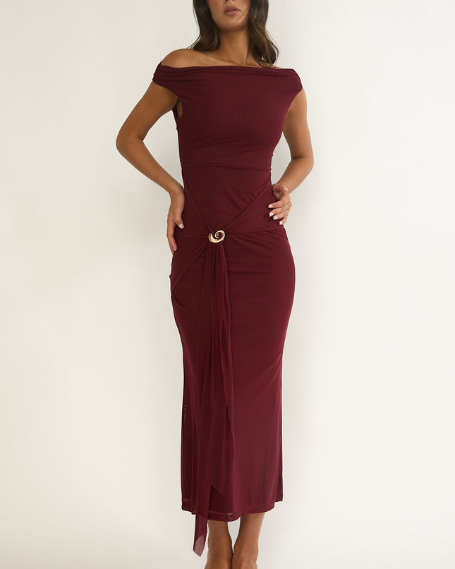 Cherry Off-Shoulder Waist Sash Maxi Dress