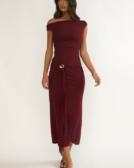 Cherry Off-Shoulder Waist Sash Maxi Dress