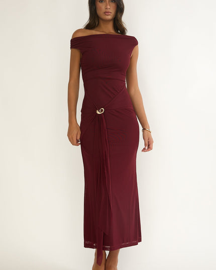 Cherry Off-Shoulder Waist Sash Maxi Dress