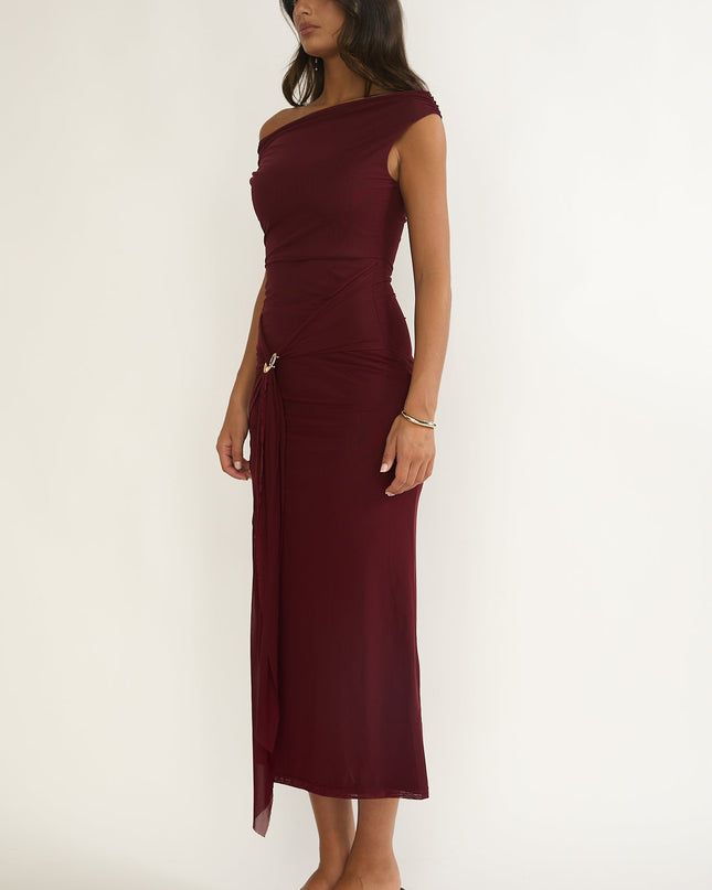 Cherry Off-Shoulder Waist Sash Maxi Dress