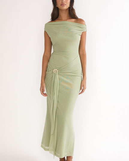 Sage Off-Shoulder Waist Sash Maxi Dress
