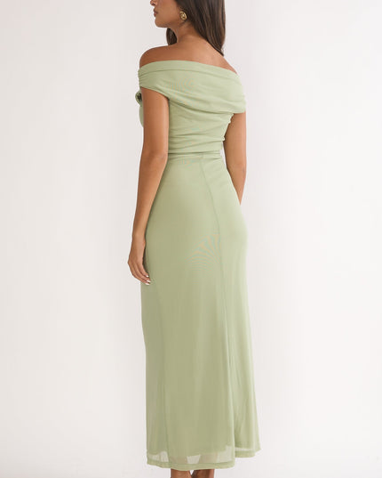 Sage Off-Shoulder Waist Sash Maxi Dress