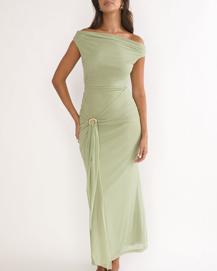 Sage Off-Shoulder Waist Sash Maxi Dress