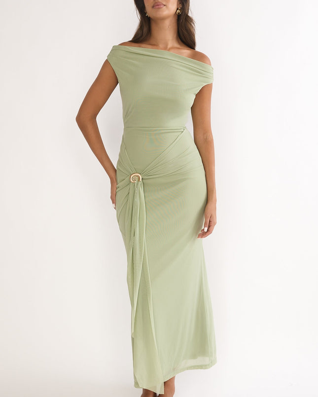 Sage Off-Shoulder Waist Sash Maxi Dress