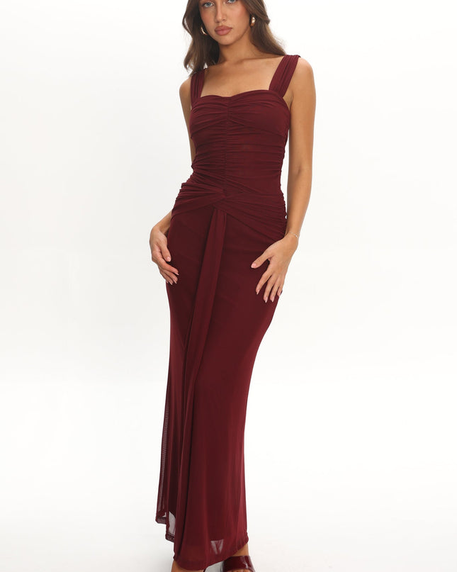 Burgundy Ruched Waist Sash Maxi Dress