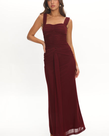 Burgundy Ruched Waist Sash Maxi Dress