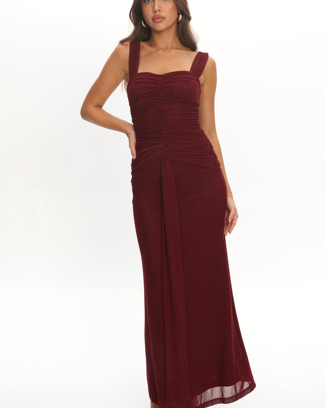 Burgundy Ruched Waist Sash Maxi Dress