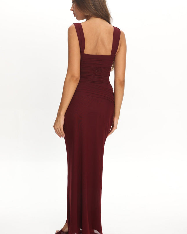 Burgundy Ruched Waist Sash Maxi Dress