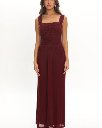 Burgundy Ruched Waist Sash Maxi Dress