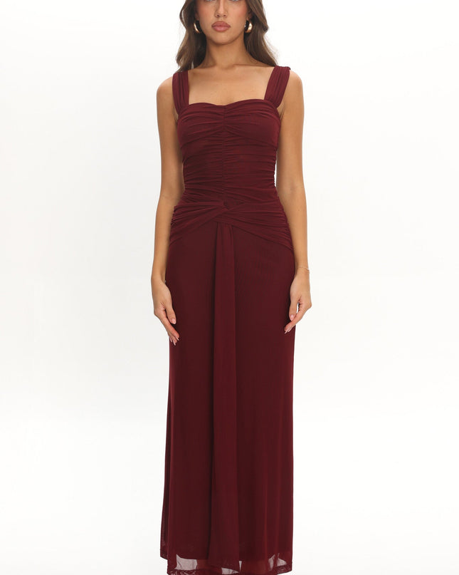 Burgundy Ruched Waist Sash Maxi Dress