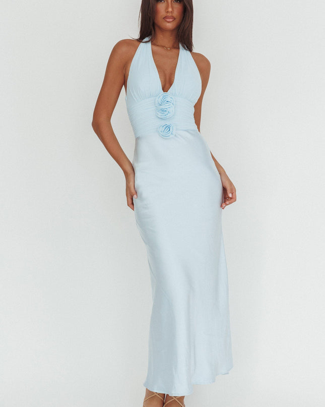 Ice Blue Halterneck Rosette Bust Maxi Dress
