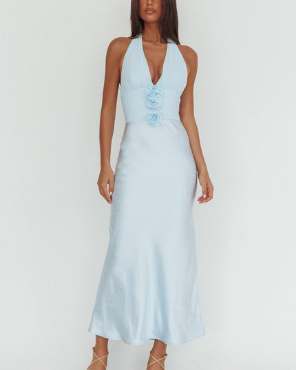 Ice Blue Halterneck Rosette Bust Maxi Dress