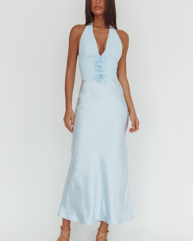 Ice Blue Halterneck Rosette Bust Maxi Dress