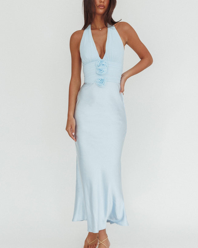 Ice Blue Halterneck Rosette Bust Maxi Dress