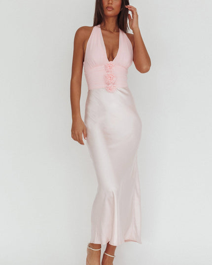 Pink Halterneck Rosette Bust Maxi Dress