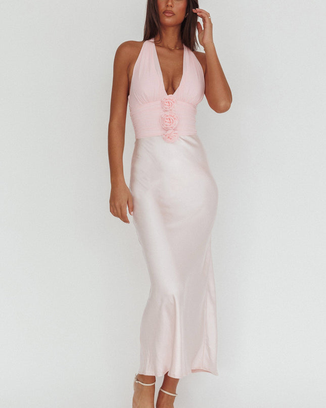 Pink Halterneck Rosette Bust Maxi Dress